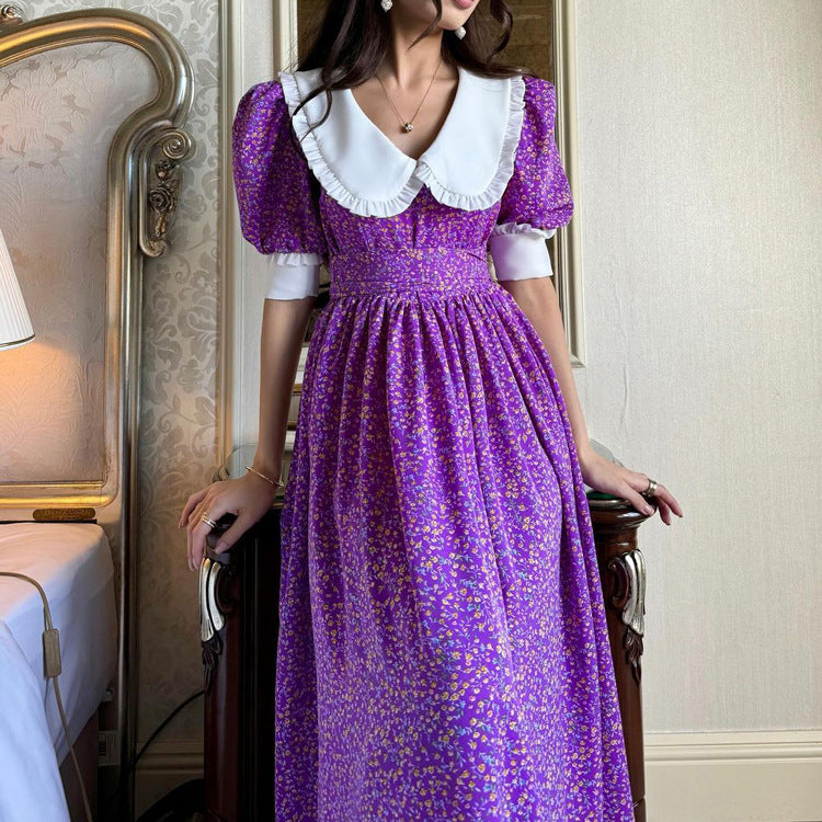 Women Clothing French Peter Pan Collar Short Sleeve Dress Purple Floral Tie Neck Slimming Dress Kigali