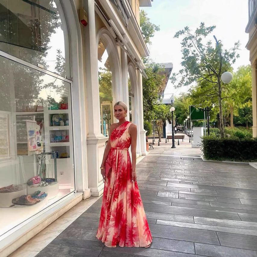 Summer Shoulder Waist-Controlled Lace up Wide Hem Printed Dress Women Zemy