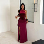 Halter Sequined Elegant Dress Sexy Split Pleated Dress for Women WHATOWEAR