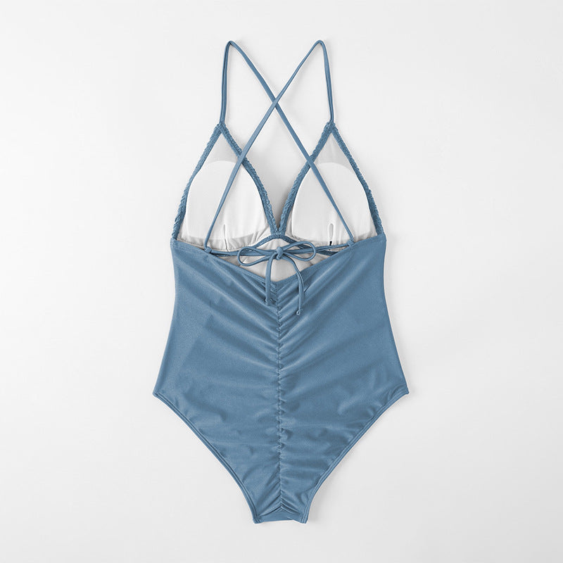 Traje de baño de una pieza ajustado, estilo playa, con escote en V, copa triangular y color liso