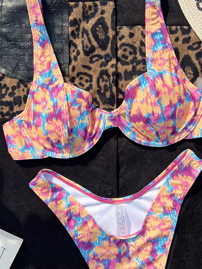 Traje de baño dividido con estampado de color y soporte de acero, bikini sexy