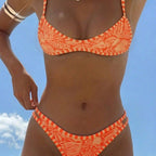 Summer Women Spaghetti Strap Orange Printed Sexy Seaside Beach Vacation Swimsuit Set OLam