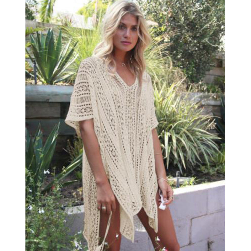 Traje de baño de vacaciones Hueco Recortado con cuello en V Suelto para cubrir la playa Vestido de ropa de punto para protección solar en la playa
