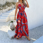 Women Clothing Spring Summer Elegant Vacation Bohemian Printed Dress CKK