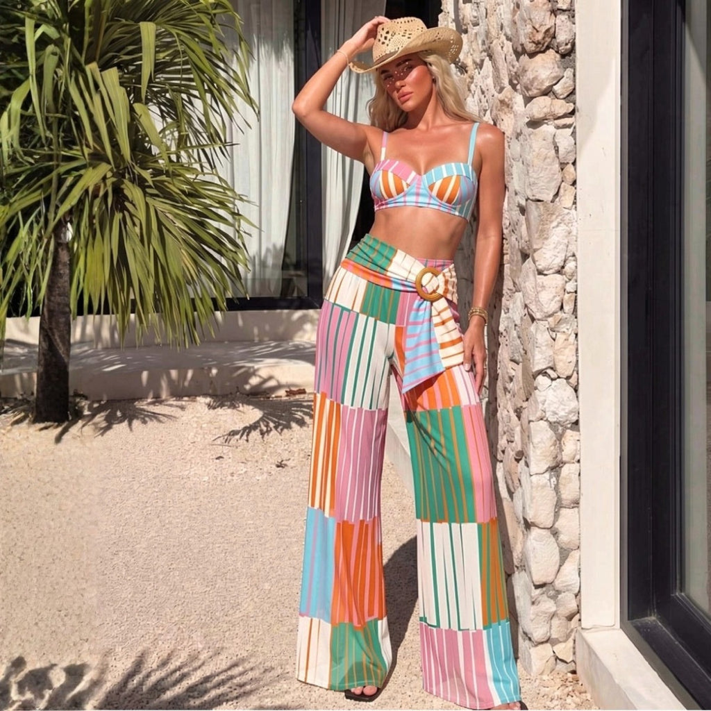 Bikini Color Striped Steel Bracket High Waist Split Swimsuit for Women ShineRealm