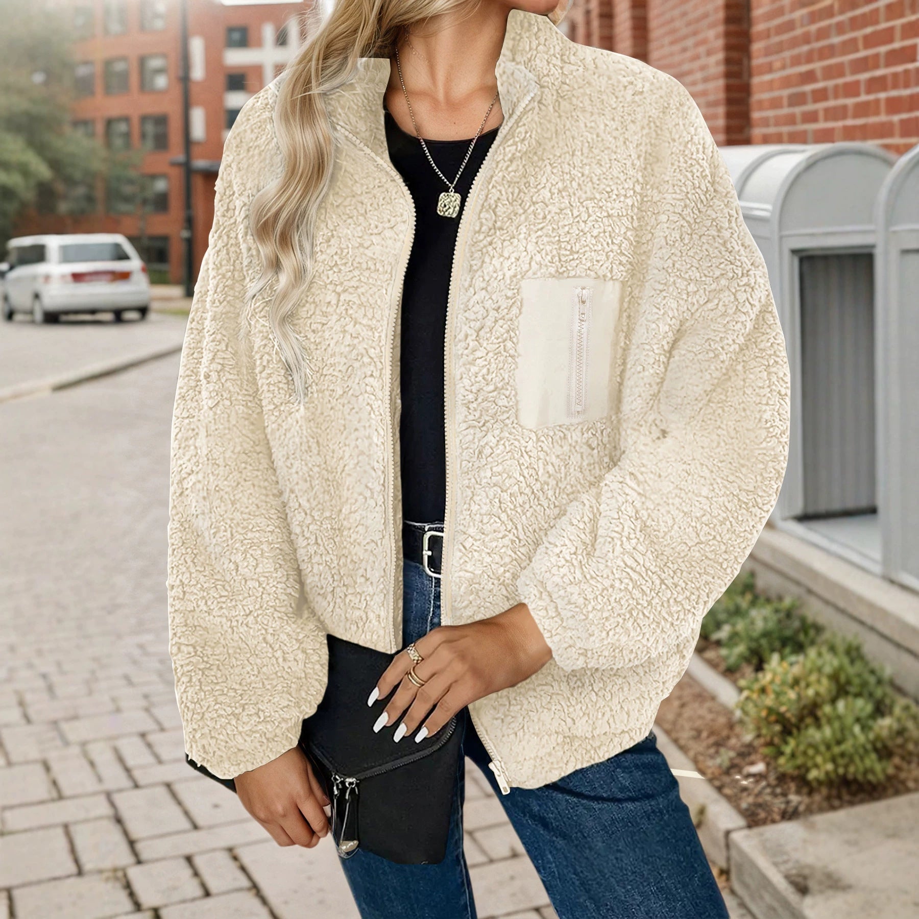 Loose Berber Fleece Coat Stand Collar Zipper Cargo Pocket Thick Thermal Fleece Top AIYOYA