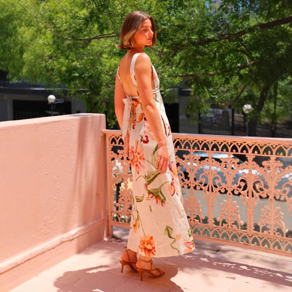 Summer Vacation Printed Maxi Dress Backless Sling Dress XUYUN