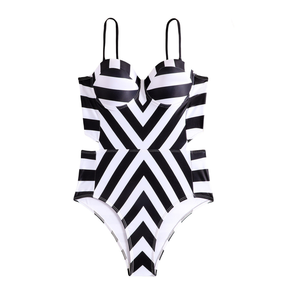 Traje de baño bikini con estampado geométrico abstracto y soporte de acero, traje de baño push up