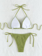Printing Halter Spaghetti Straps Sexy Bikini Pleated Lace up Triangle Spring Split Swimsuit