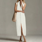Office Stand Collar Sleeveless Vest Dress Solid Color Loose Split Maxi Dress Eping