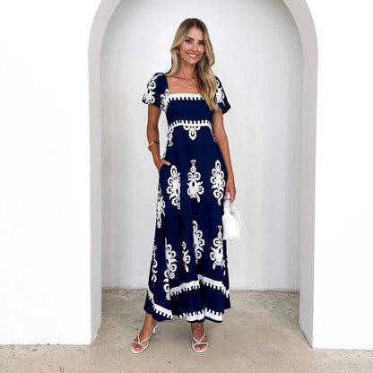 Summer Women Clothing Vacation Printed Beach Dress Smocking Dress Women XINXI