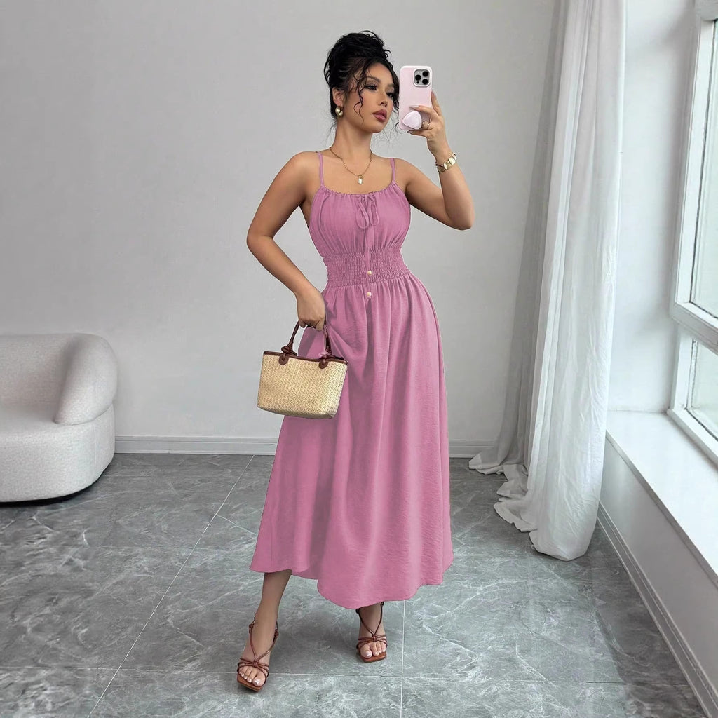 Design Tube Top Sleeveless Pleated Waist Solid Color Suspender Women Dress AXE