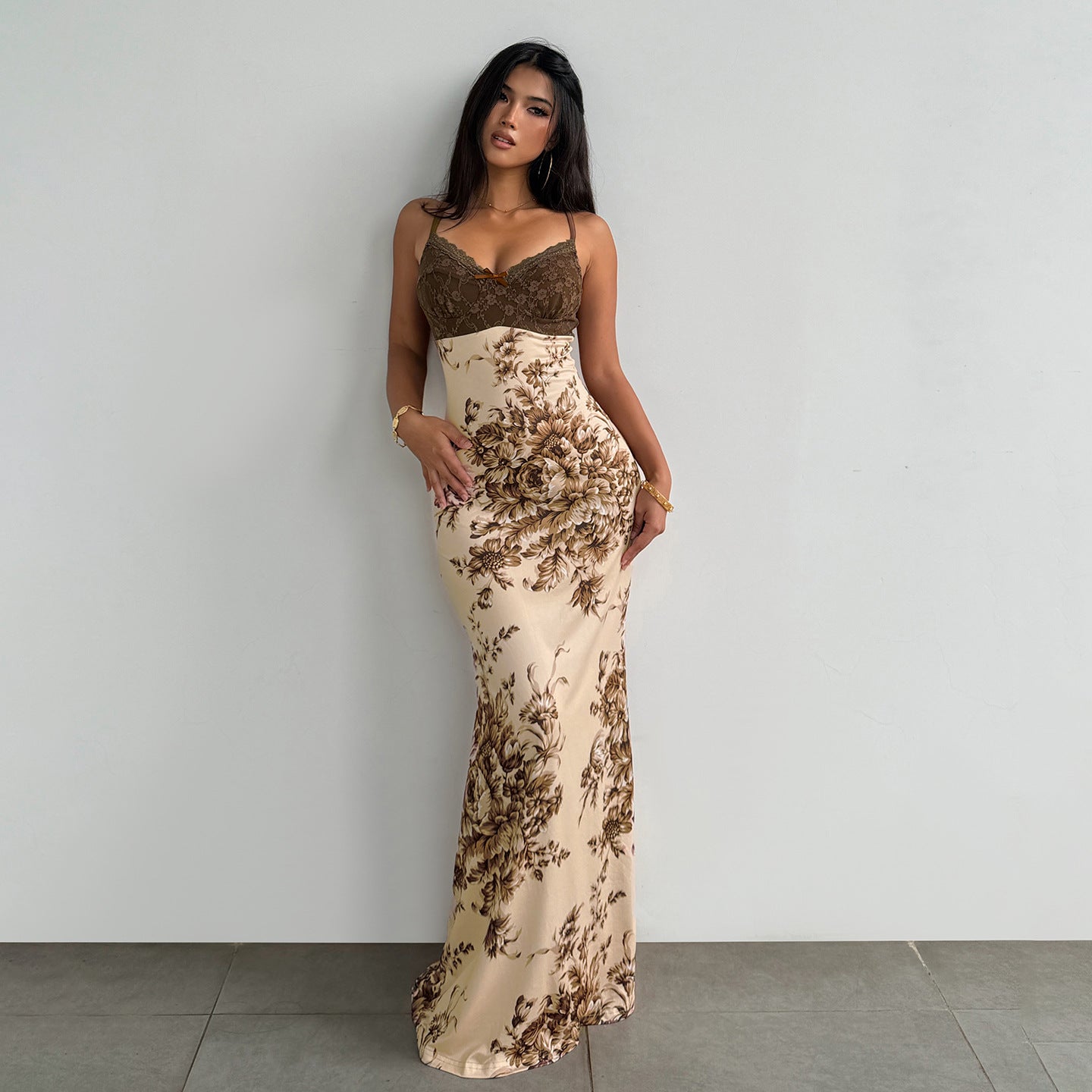 Sexy Retro Lace Stitching Chest Strap Dress French Elegant Romantic Floral Dress LingSharp