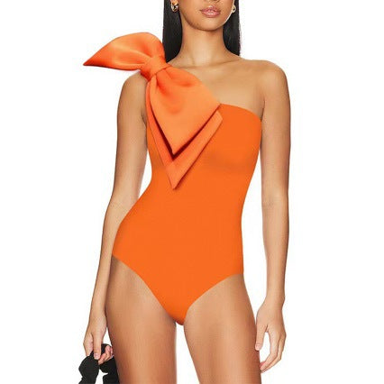Traje de baño francés de dos piezas con lazo en los hombros oblicuos y plisado de color liso para mujer