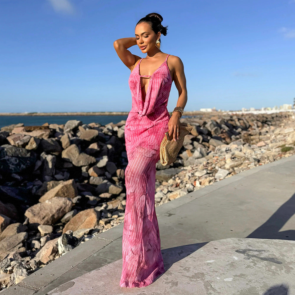 Sexy Deep V Plunge Strap Printed Slim Fit Maxi Dress Dress Coya