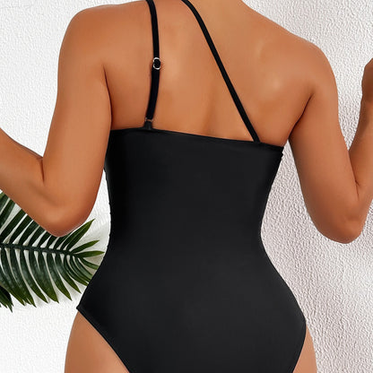Traje de baño de una pieza de bikini de cintura alta sexy de un solo hombro de color sólido para mujer