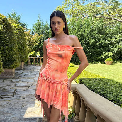 Vestido ajustado con hombros descubiertos y estampado de personalidad para mujer, de primavera y verano, con hombros descubiertos y color contrastante