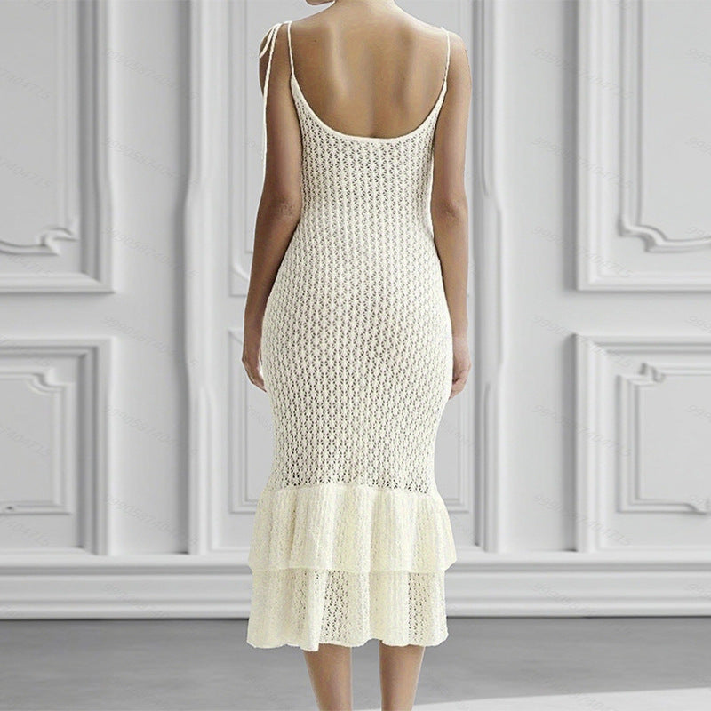 Vestido largo de punto calado halter para verano con recortes, ideal para vacaciones en la playa, con volantes y de ajuste general a la cadera para mujer.