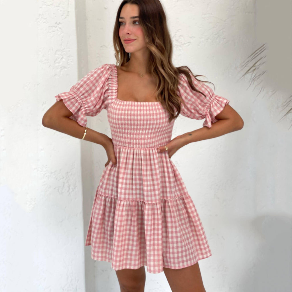 Summer Printed Checks Pleated Corset Casual Dress DreamFashion