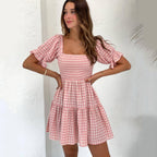 Summer Printed Checks Pleated Corset Casual Dress DreamFashion