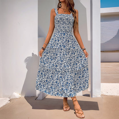 Summer Printed Suspender Sweet Floral Backless Dress
