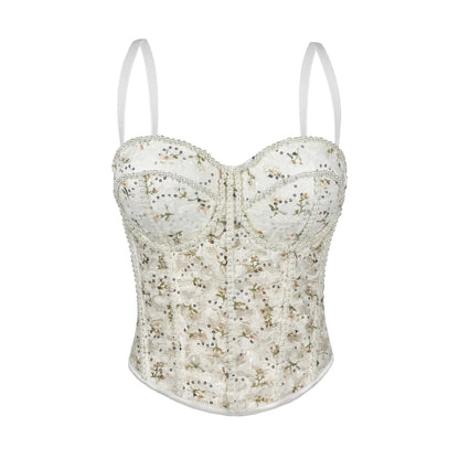 Corset à baleines en maille perlée, corset transparent en dentelle sexy, bustier à bretelles fines et cordon de serrage.