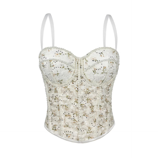 Corsé de malla con perlas y varillas, corsé transparente de encaje sexy, top de tubo con tirantes, corsé ajustado con cordón ajustable.