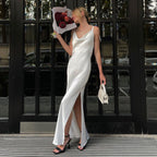 Swing Collar Sling Dress Summer High Slit Backless Lace Up Cami Dress BlueLine