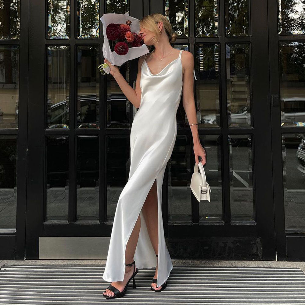 Swing Collar Sling Dress Summer High Slit Backless Lace Up Cami Dress BlueLine