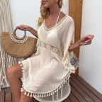 Outdoor Women Clothing Hand Crocheting Stitching Tassel Sexy Midi Dress Loose Sun Protection Beach Cover Up Geery