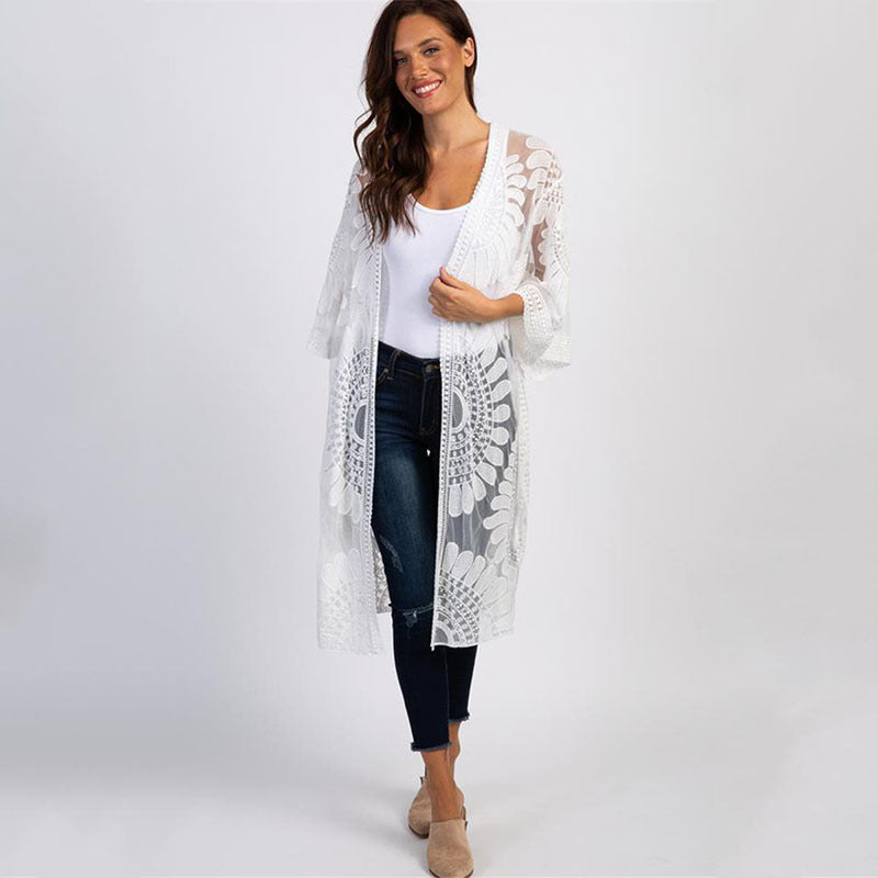 Lace Sunfower Embroidered Beach Cover-up Sexy Cardigan Outer Sunscreen Beach Cover Up