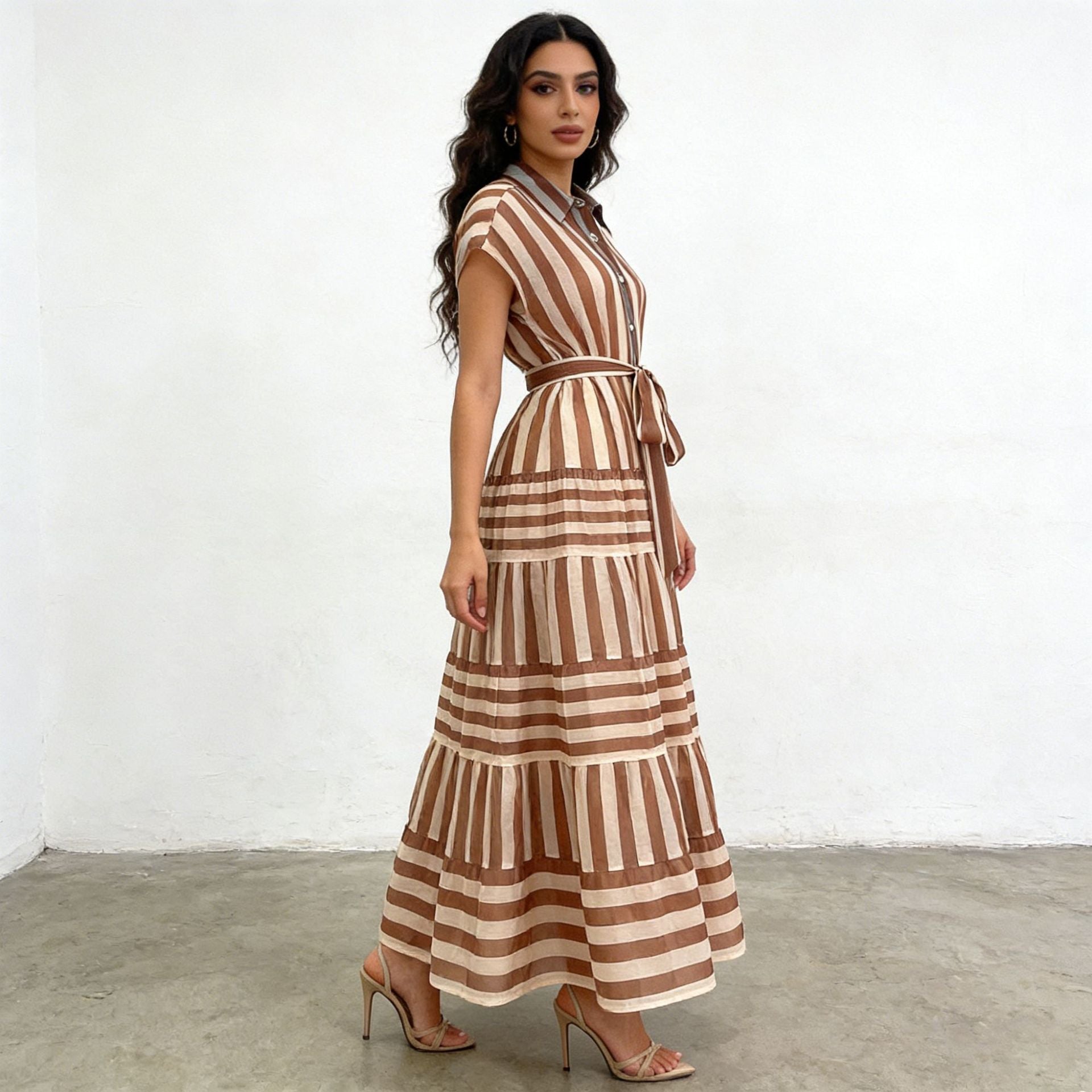 Vintage Vertical Striped Shirt Dress Polo Collar Single Breasted Lace up Waist Dress Ory