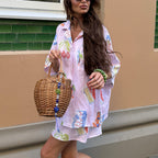 Summer Women Digital Printing Casual Shirt Outfit Collared Short Sleeve Cardigan Top Shorts Two Piece Set Kigali