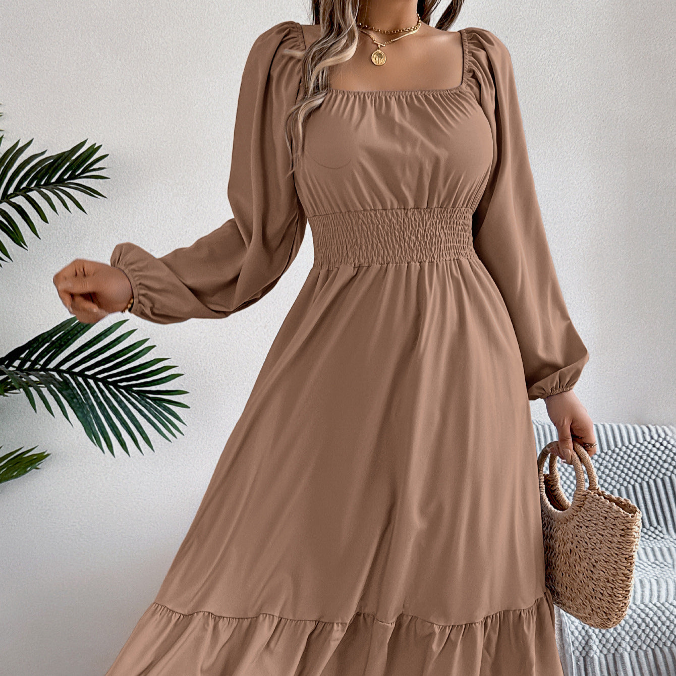 Spring Summer Casual Solid Color Square Collar Long Sleeve Waist Trimming Ruffles A line Dress Women Clothing BAGIISA