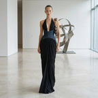 Halter Deep V Plunge Black Dress Denim Drawstring Slim Fit Maxi Drape Party Dress Sight