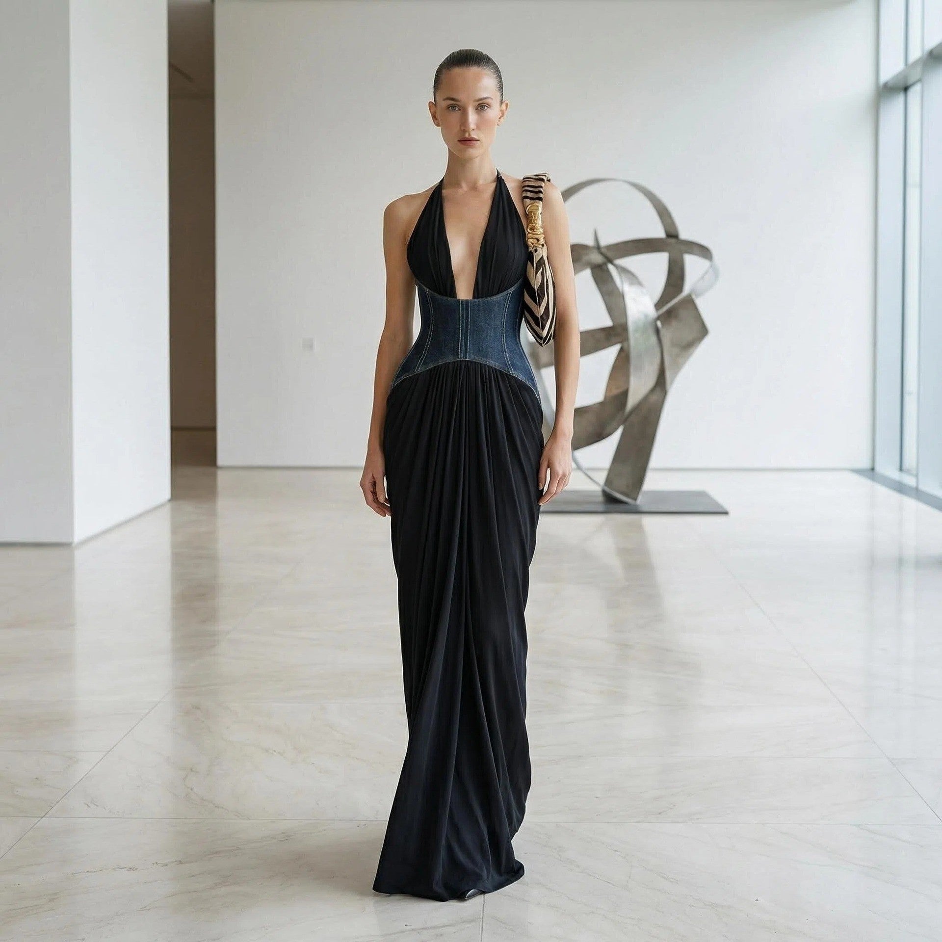 Halter Deep V Plunge Black Dress Denim Drawstring Slim Fit Maxi Drape Party Dress Sight