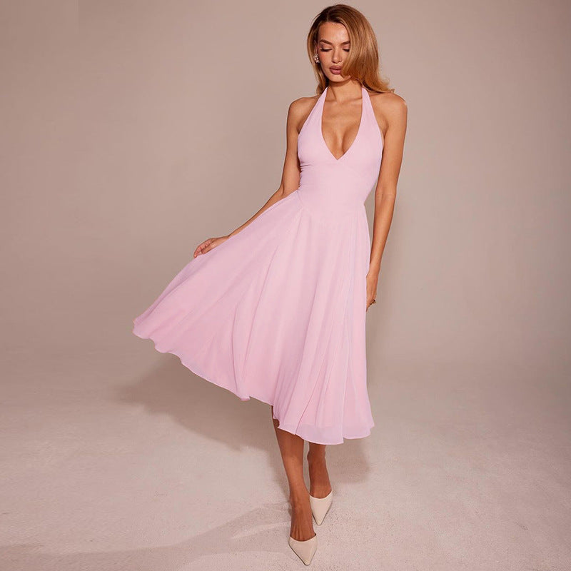 Women Clothing Summer Solid Color Halter Backless Gauzy Stitching Dress LEKINS