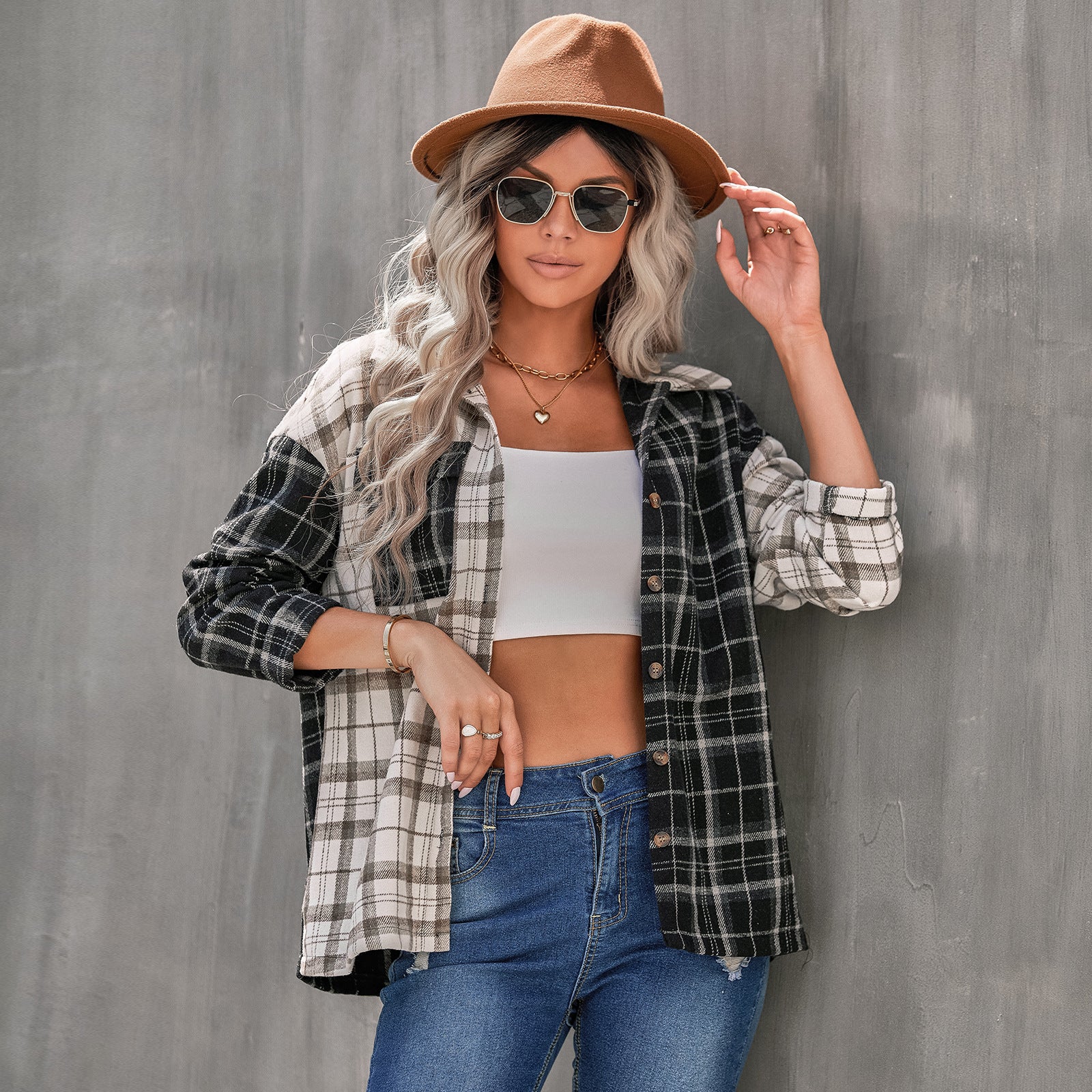 Camisa holgada de manga larga con cuello tipo polo para mujer, top a cuadros, ropa de otoño