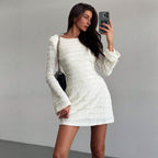 Texture Flared Sleeve Backless Lace up French Gentle Slim Fit Dress Yiskiss