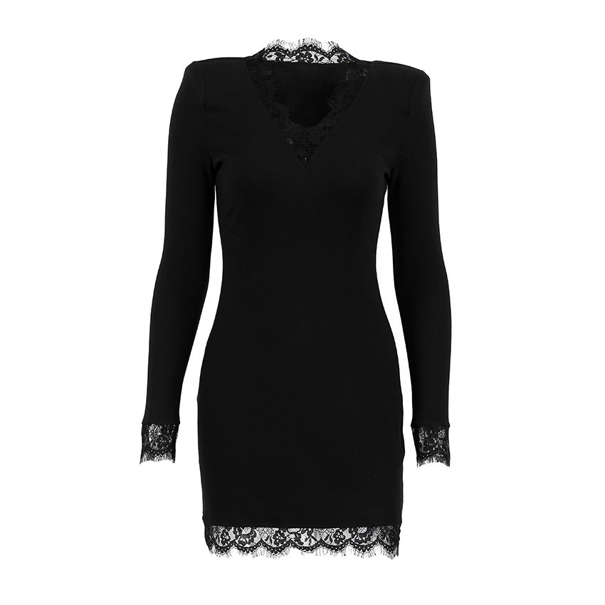 Vestido elegante de seda color leche ajustado negro con costuras de encaje y escote en V para mujer adulta Otoño Invierno