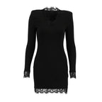 Vestido elegante de seda color leche ajustado negro con costuras de encaje y escote en V para mujer adulta Otoño Invierno