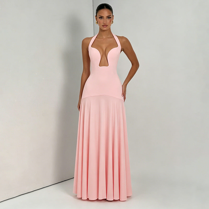 Women Clothing Summer Solid Color Casual Elegant Sleeveless Halter Backless Slim Fit Maxi Dress HONEYBADGER