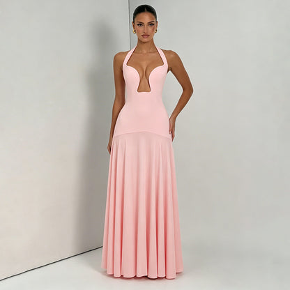 Women Clothing Summer Solid Color Casual Elegant Sleeveless Halter Backless Slim Fit Maxi Dress HONEYBADGER