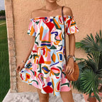 Summer Elegant Ladies Tropical Printing off the Shoulder Dress Vivish