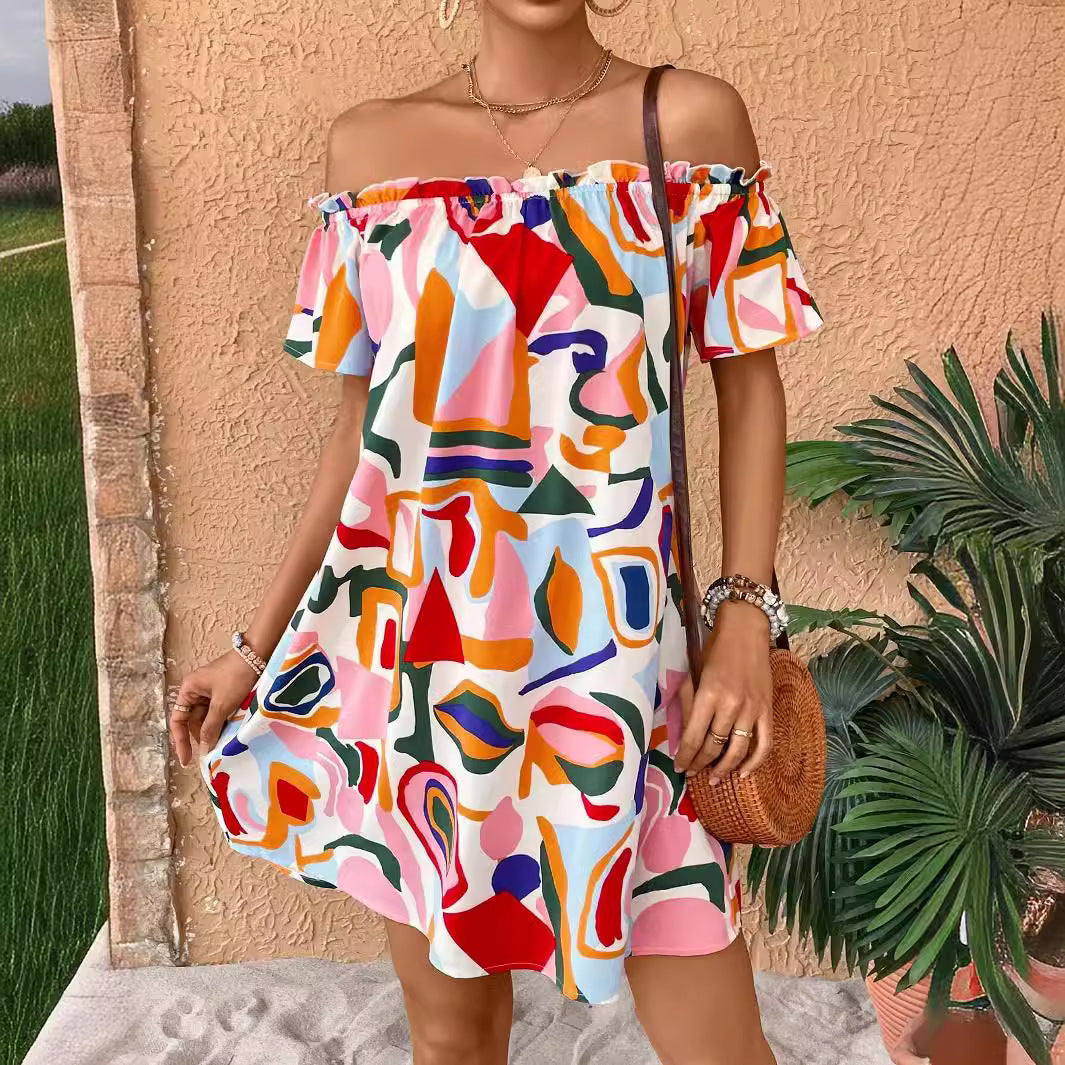 Summer Elegant Ladies Tropical Printing off the Shoulder Dress Vivish
