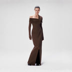 Spring Dark Brown One Shoulder Dress Pleated High Slit Maxi Dress the Dinner Party Host Sight