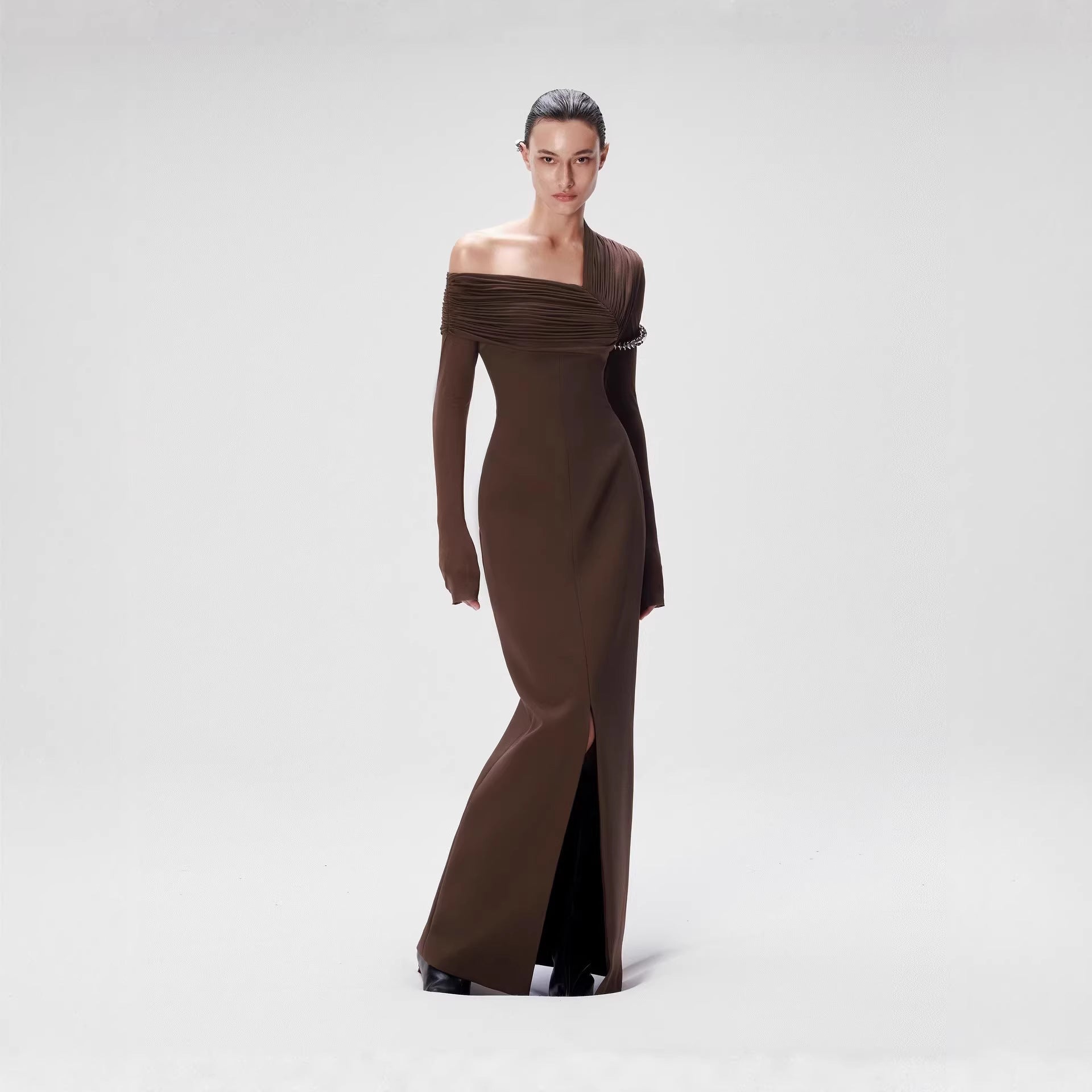 Spring Dark Brown One Shoulder Dress Pleated High Slit Maxi Dress the Dinner Party Host Sight