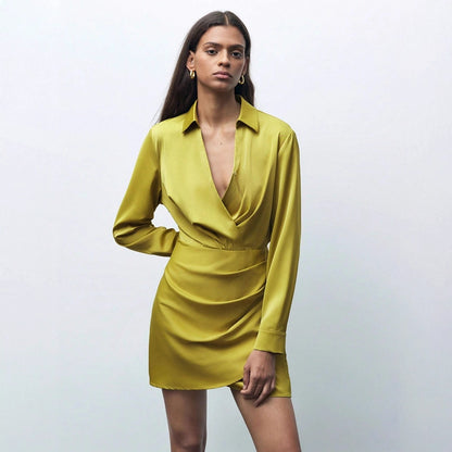 Women Clothing Fall Satin Dress Pleated All Match Satin