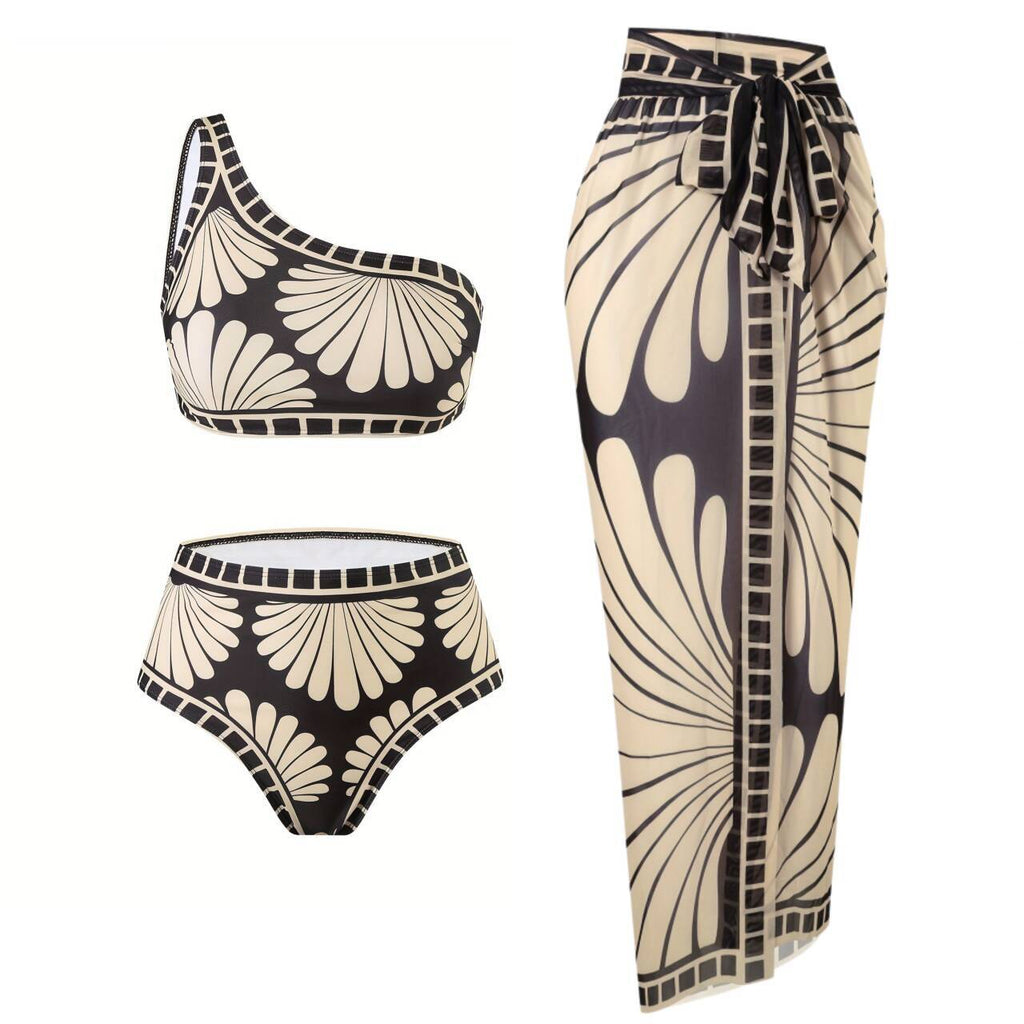 Bikini Customized Printed Oblique Shoulder Three-Piece Skirt Split Swimsuit Peaches
