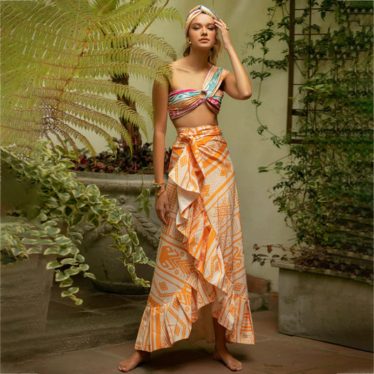 Traje de baño de bikini sexy de tres piezas dividido para mujer, conjunto de falda y traje de baño adelgazante